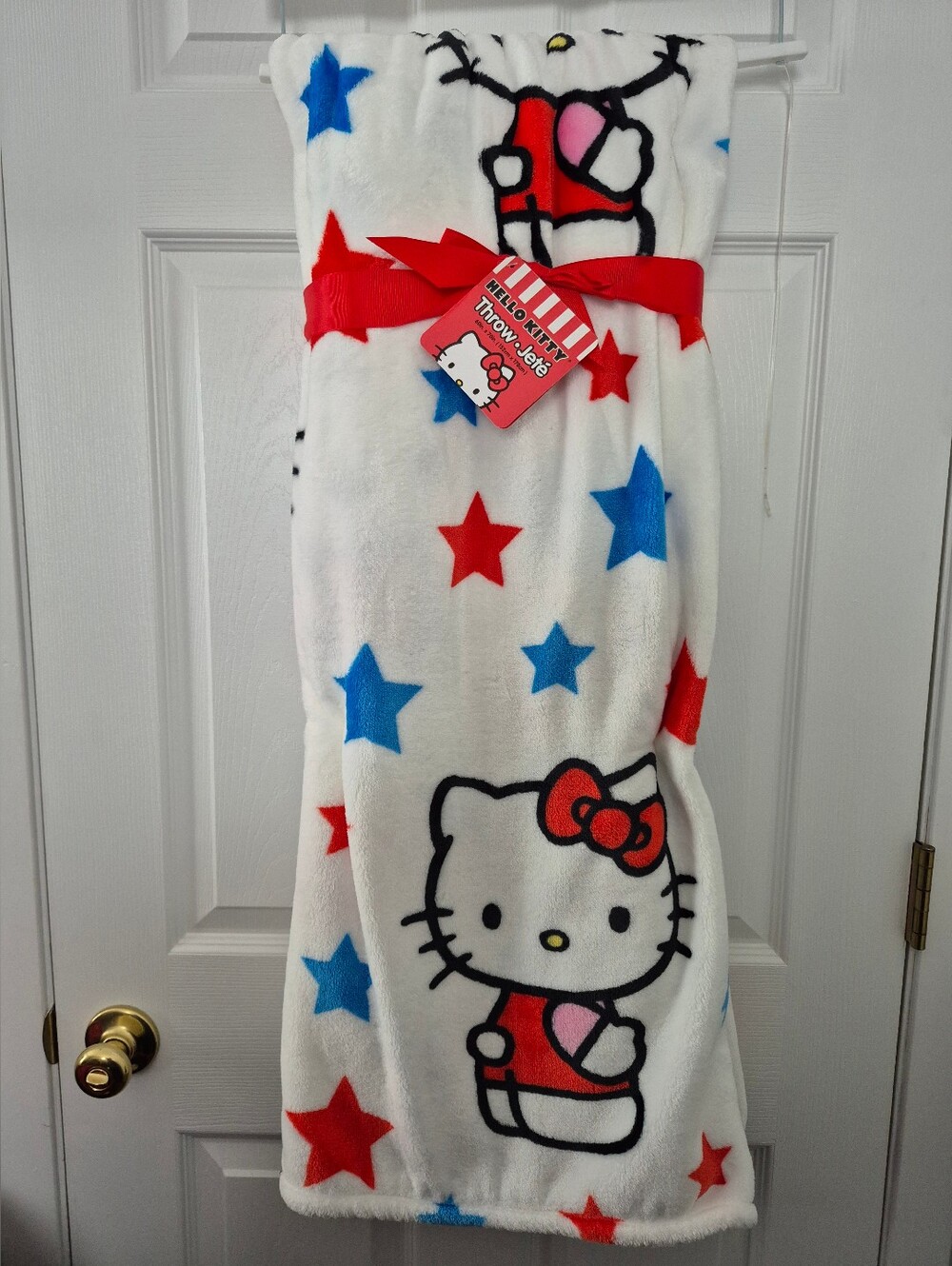 Hello Kitty White Fleece Patriotic Throw with Red Blue Stars Blanket Sanrio